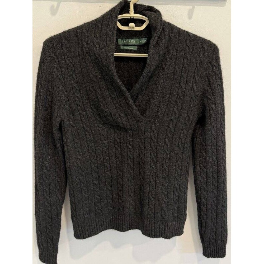 Lauren Ralph Lauren 100% Cashmere Shawl Collar Cable Knit Sweater Charcoal M